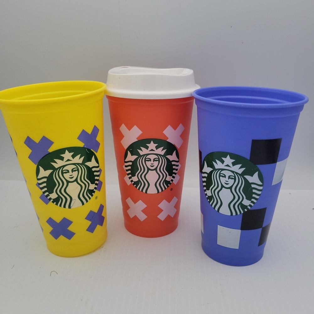 Starbucks Plastic Tumblers Lot of 3 Yellow Orange Blue Reusable Cups